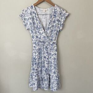 Monteau Linen Cottagecore Summer Dress Flutter Sleeve Ruffle Hem Blue Floral XS